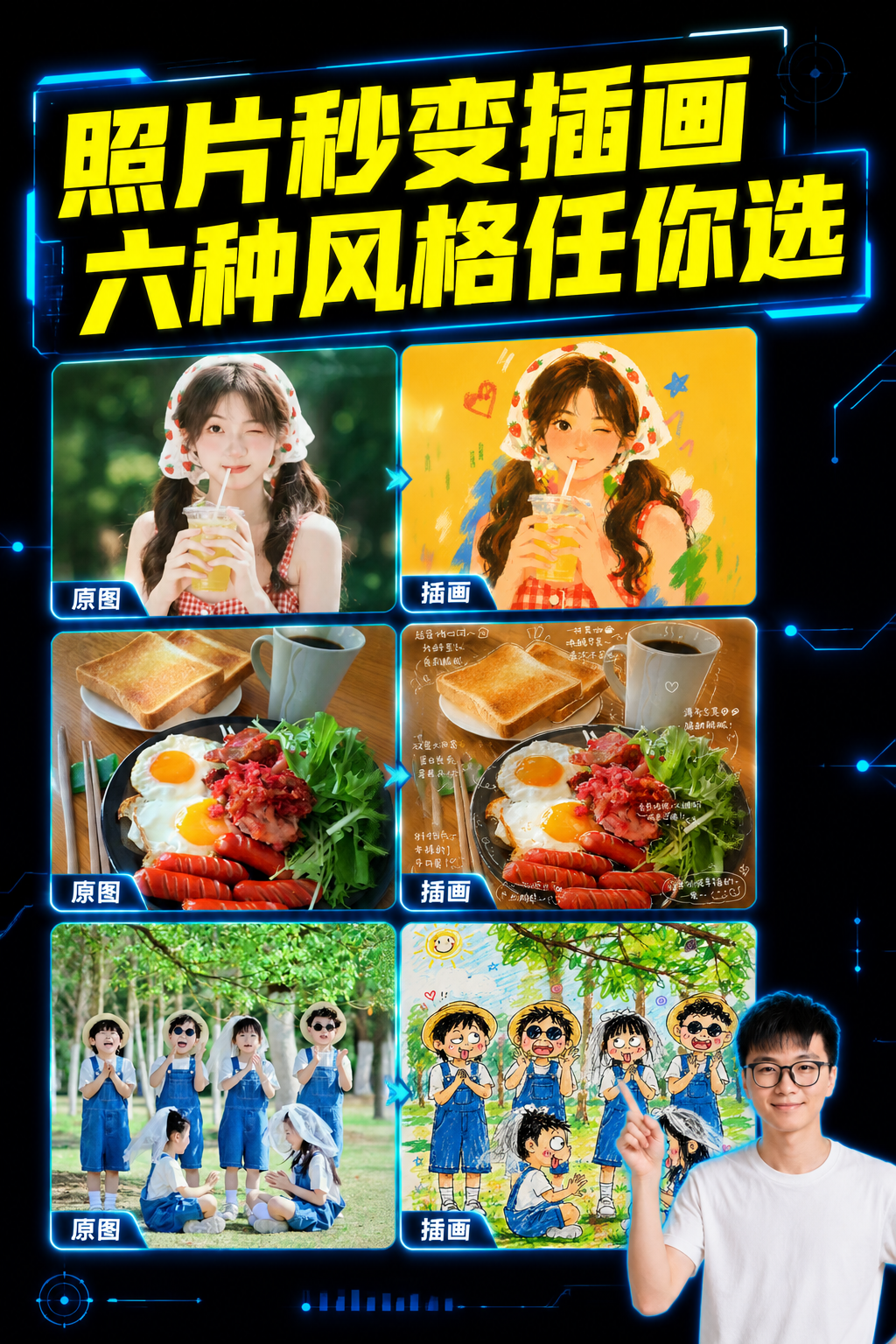 Six AI illustration styles applied to photos
